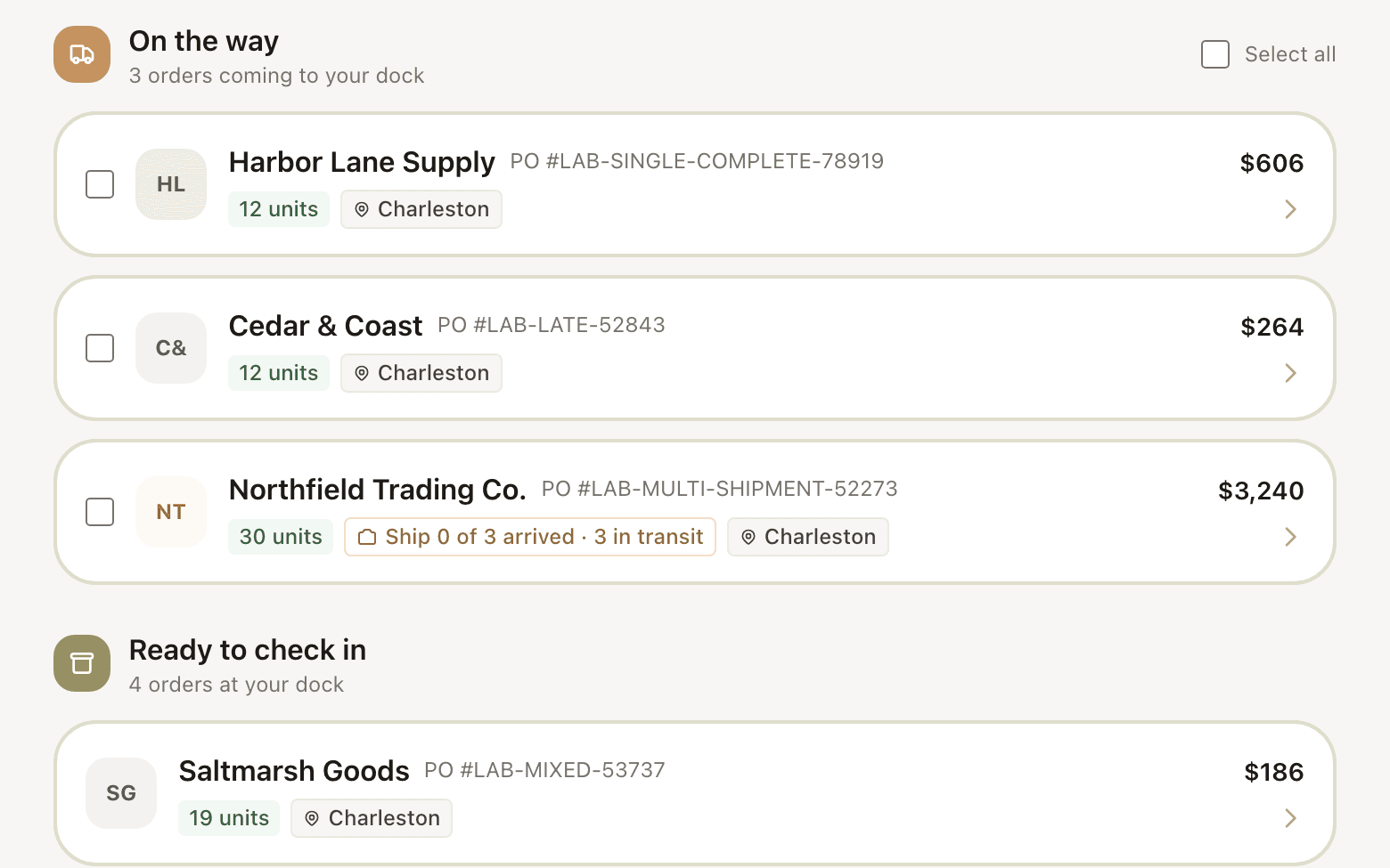Invoe receiving queue showing incoming orders by vendor, purchase order, units, and value