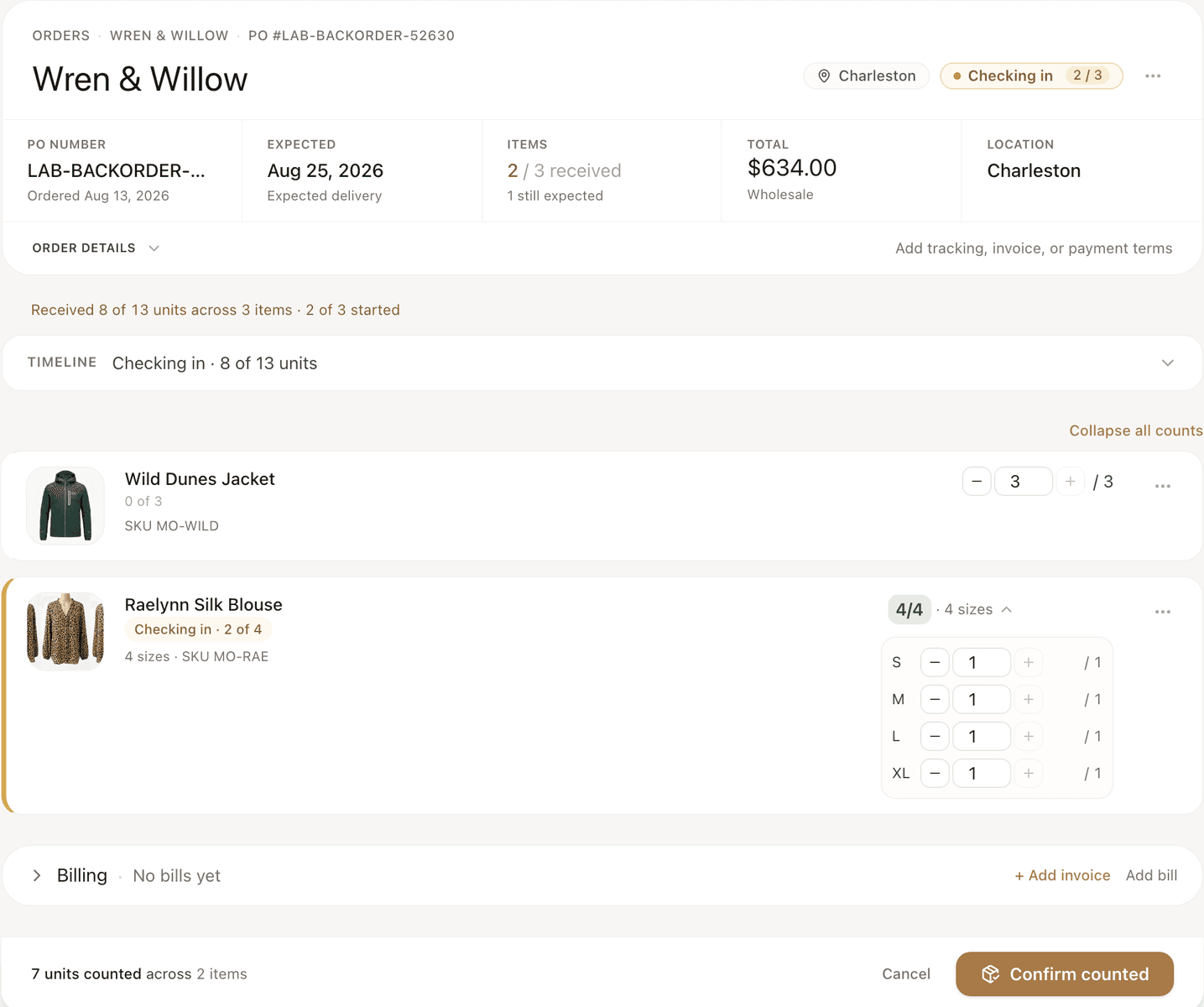 Counting a delivery in against a purchase order in Invoe: the order shows two of three items received, and one item is open on its size counters with a unit counted for S, M, L and XL